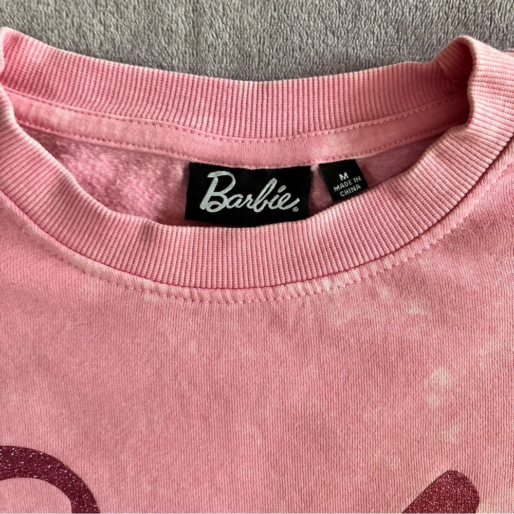 Barbie Pink Acid Wash Glitter Logo Crewneck Sweatshirt Womens Medium - Picture 3 of 6